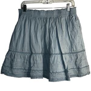 GAP Blue Boho Embroidered Cotton Mini Skirt XL Tall | Elastic Waist Ruffle Hem